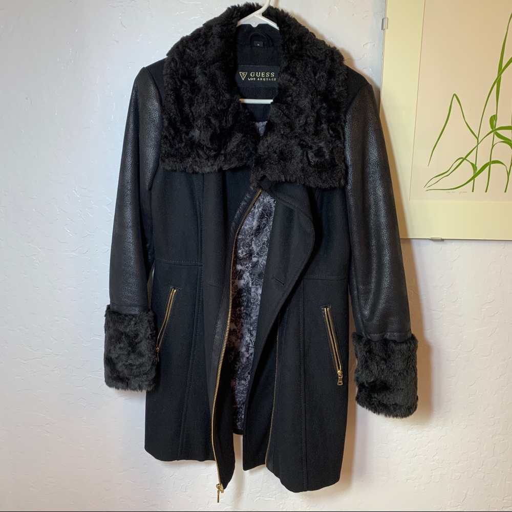 Black faux fur asymmetric moto jacket style wool winter coat overcoat - Picture 3 of 11